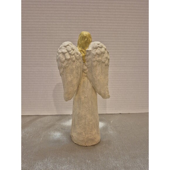 Chalk Painted Angel Figure With Blond Hair Holding Bird And Birdhouse Stamped - Picture 5 of 13